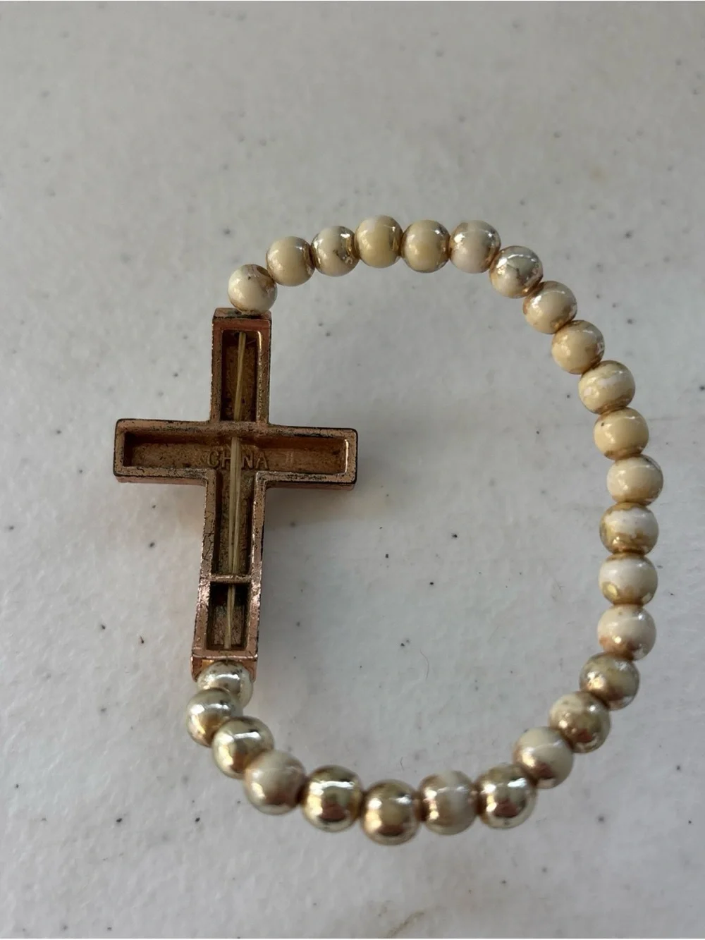 Rose Gold Cross Beaded Stretch Bracelet - Nude & Gold Accent